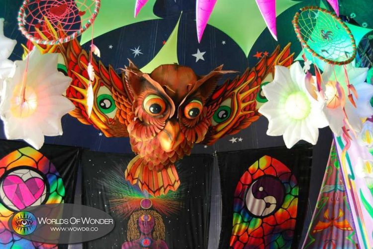decoraciones para fiestas festivales jardin zen planeadores de eventos buho gigante arte fluorescente