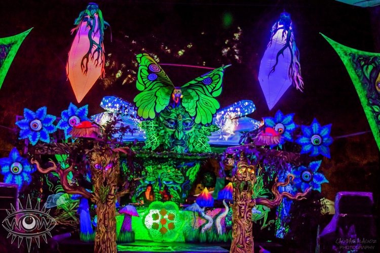 Transition Festival escenario principal bosque encantado magico inflables mariposas flores